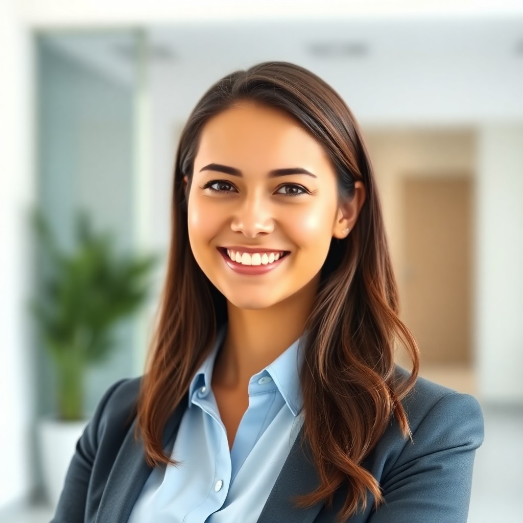 AI-generated business casual headshot example — soft smile, office background, natural light. Style produced by HeadshotPro from user selfies.