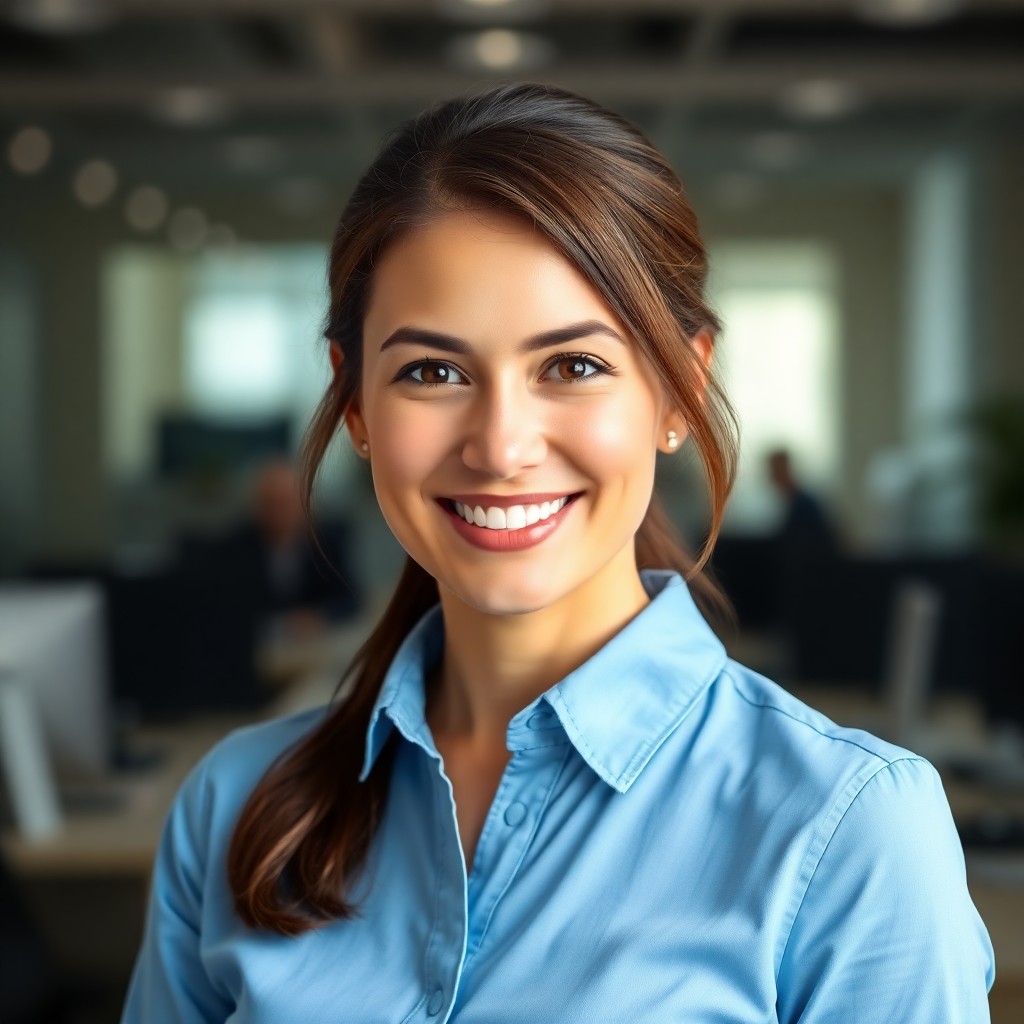 AI-generated approachable consultant headshot example — blue shirt, friendly expression. Style produced by HeadshotPro from user selfies.