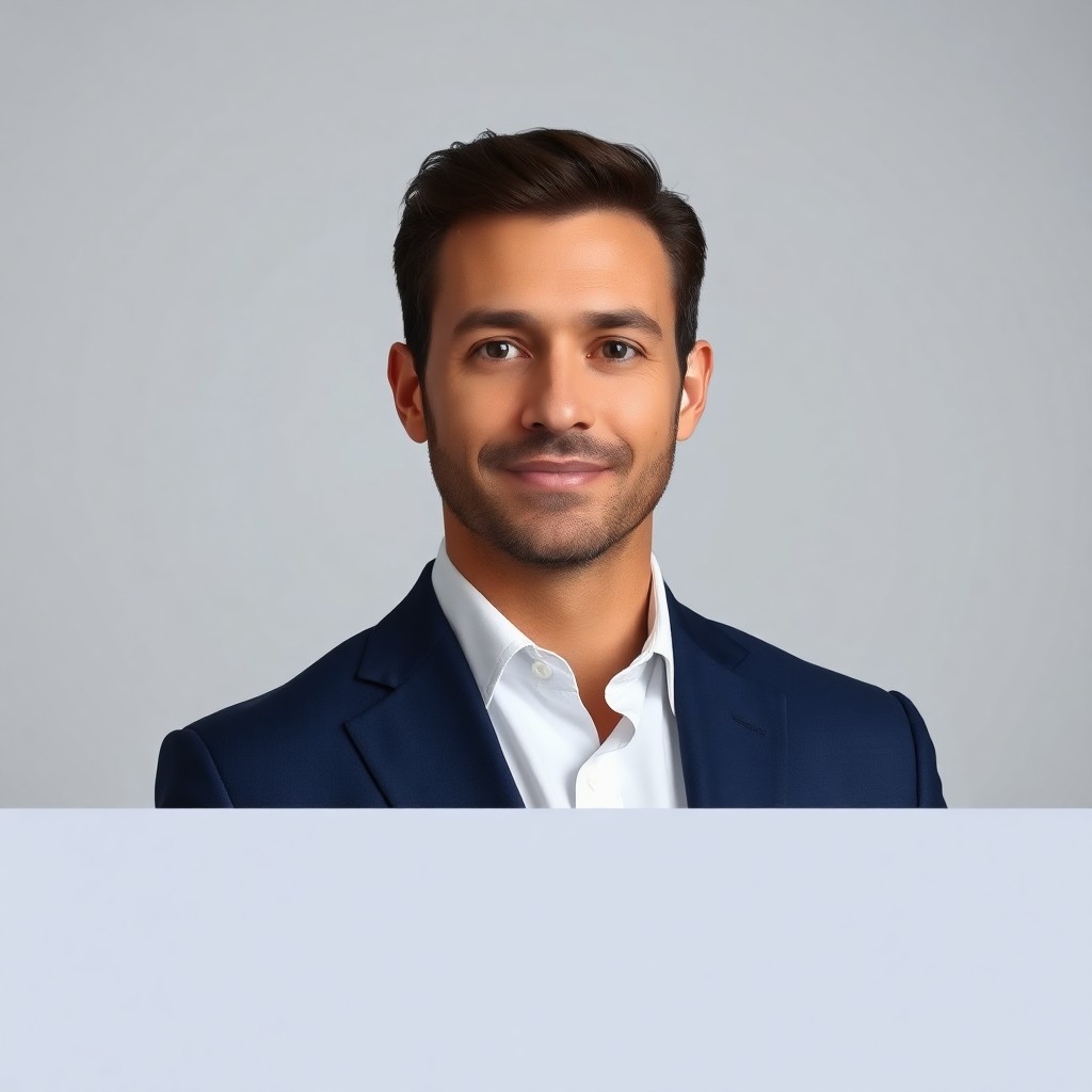 AI-generated corporate suit headshot example — white shirt, studio lighting, board-ready. Style produced by HeadshotPro from user selfies.