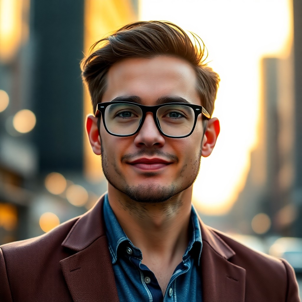 AI-generated creative professional headshot example — modern eyewear, urban background. Style produced by HeadshotPro from user selfies.