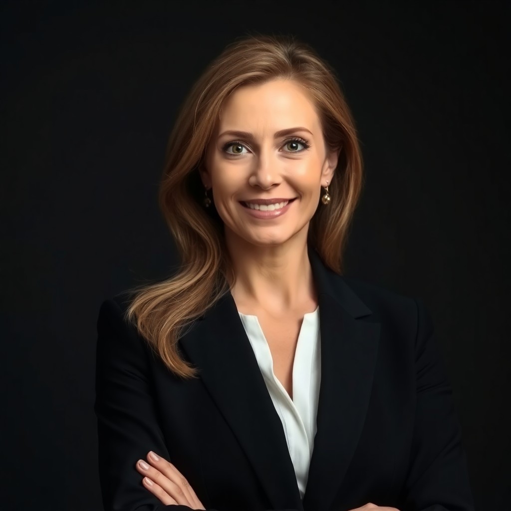 AI-generated executive portrait headshot example — dark suit, dramatic lighting. Style produced by HeadshotPro from user selfies.
