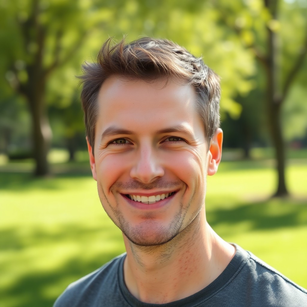 AI-generated outdoor lifestyle headshot example — natural setting, candid smile. Style produced by HeadshotPro from user selfies.